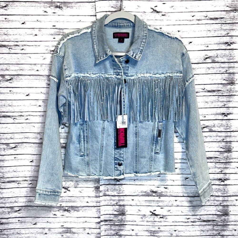 Rock and Roll Denim Light Wash Studded Fringe Denim Jacket - Picture 3 of 12